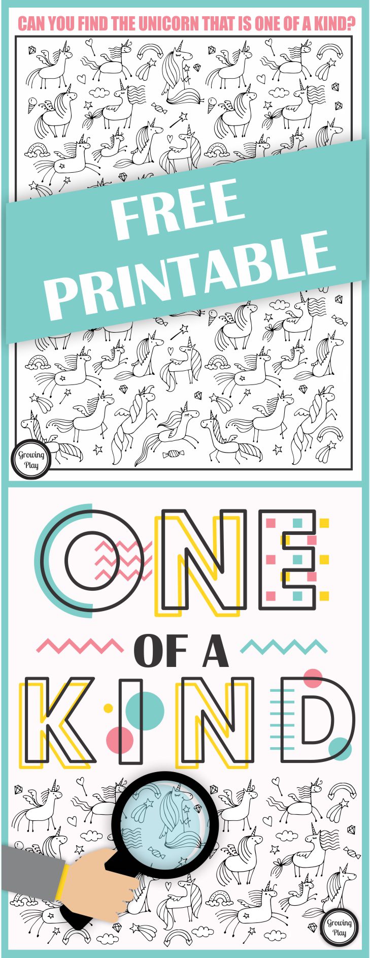 Challenge yourself to see if you can find the ONE and the ONLY unicorn in the picture that is unique with this one of a kind unicorn puzzle freebie.