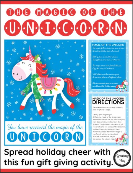 The Magic of the Unicorn is a special act of kindness for the holidays.  Start the magic by secretly giving two friends a small treat or gift with the magical unicorn gift tag attached.  Include the "You have received the magic of the Unicorn" poster and the directions on how the friends can pass on the act of kindness.
